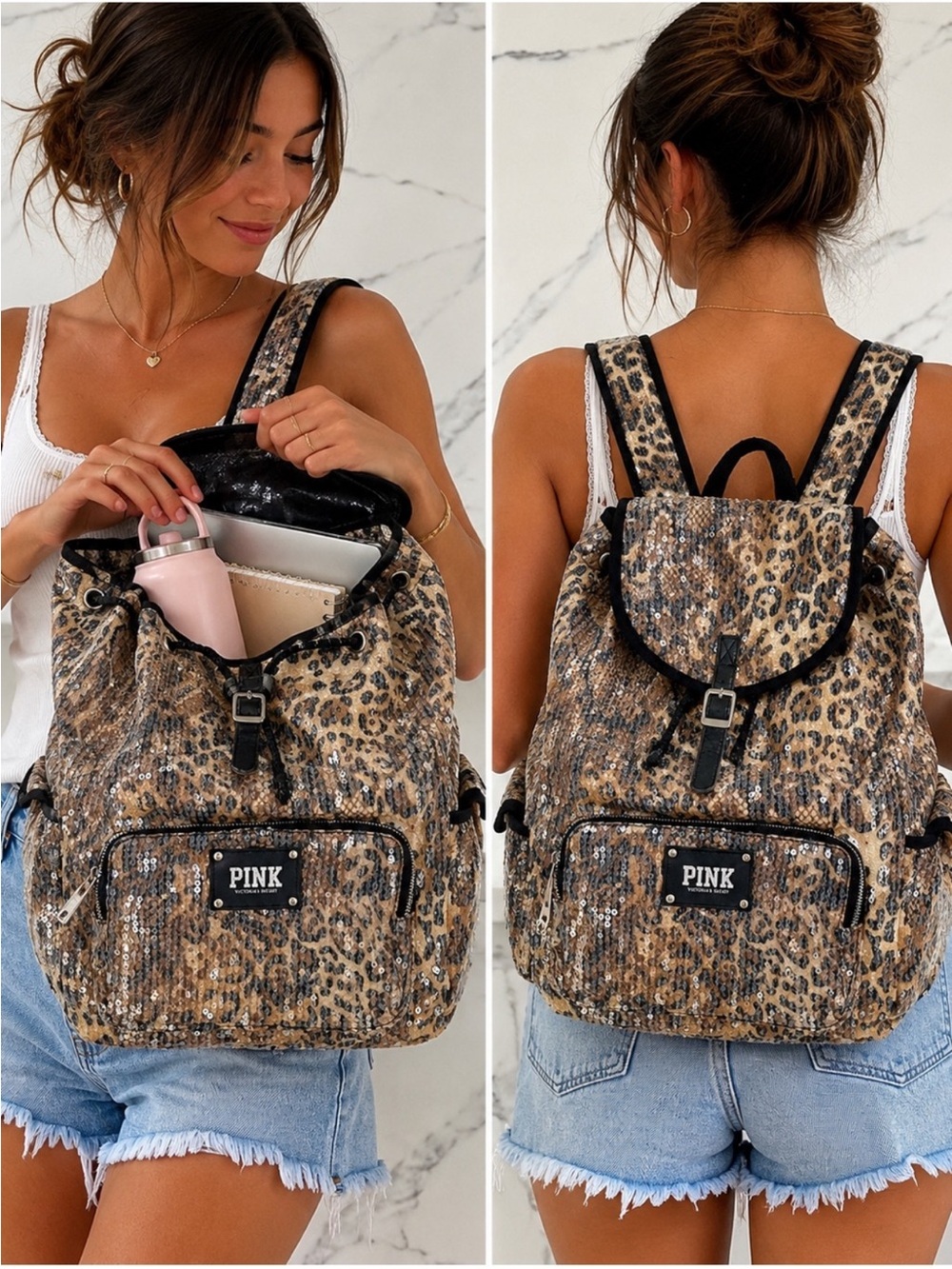 Pink Victorias Secret Backpack Travel Bag Laptop Sequins Leopard Print